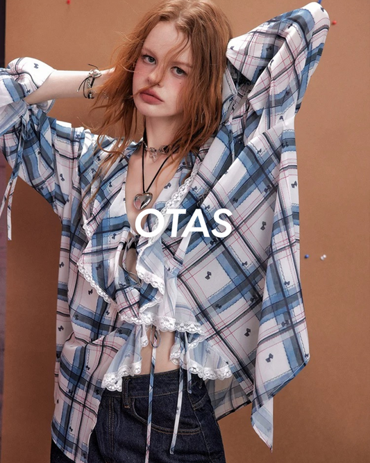 0 lace check blouse