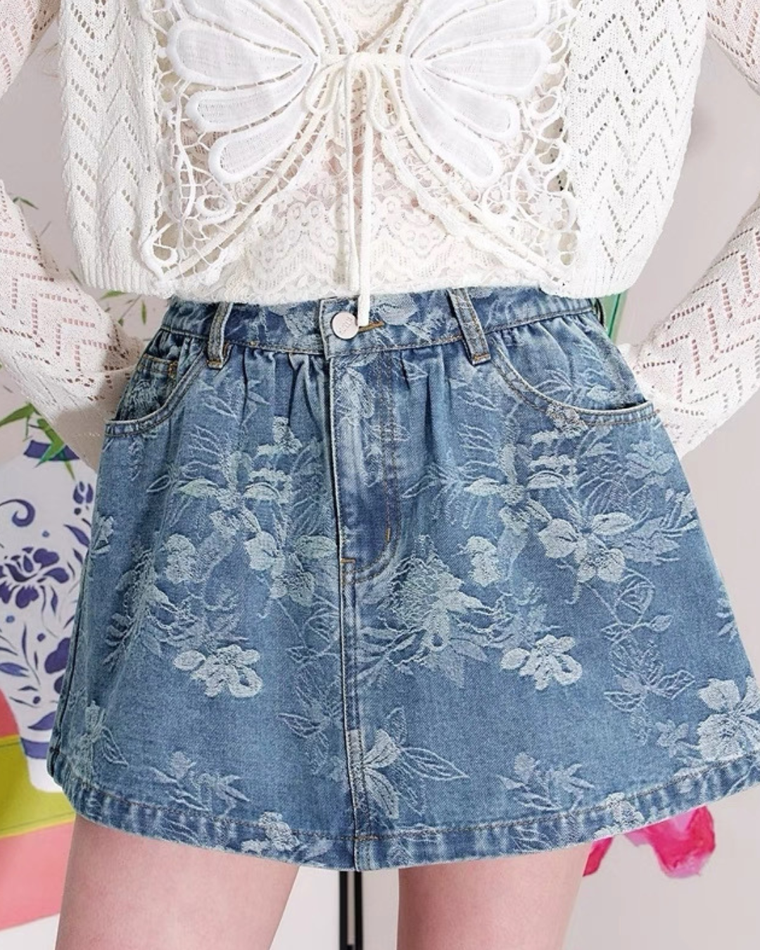 Flower denim skirt