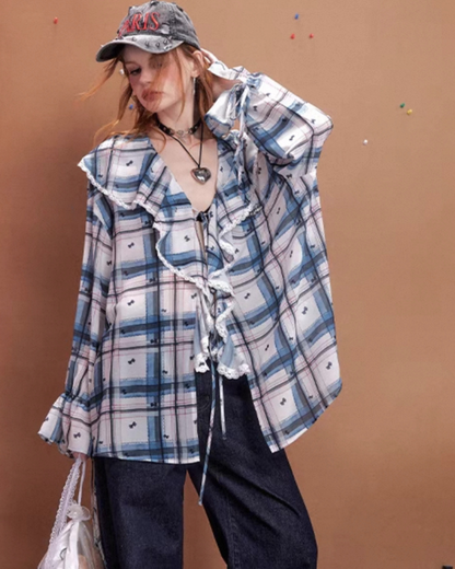 0 lace check blouse