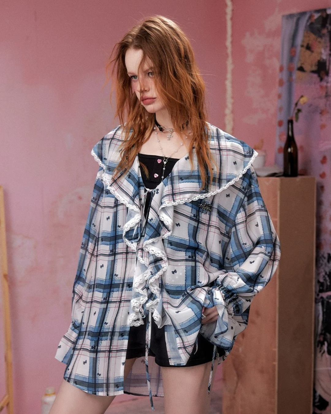 0 lace check blouse