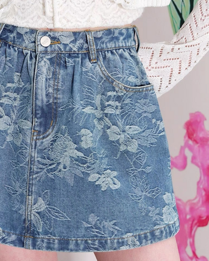 Flower denim skirt