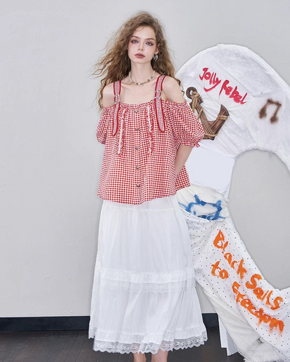 check off shoulder lace edge