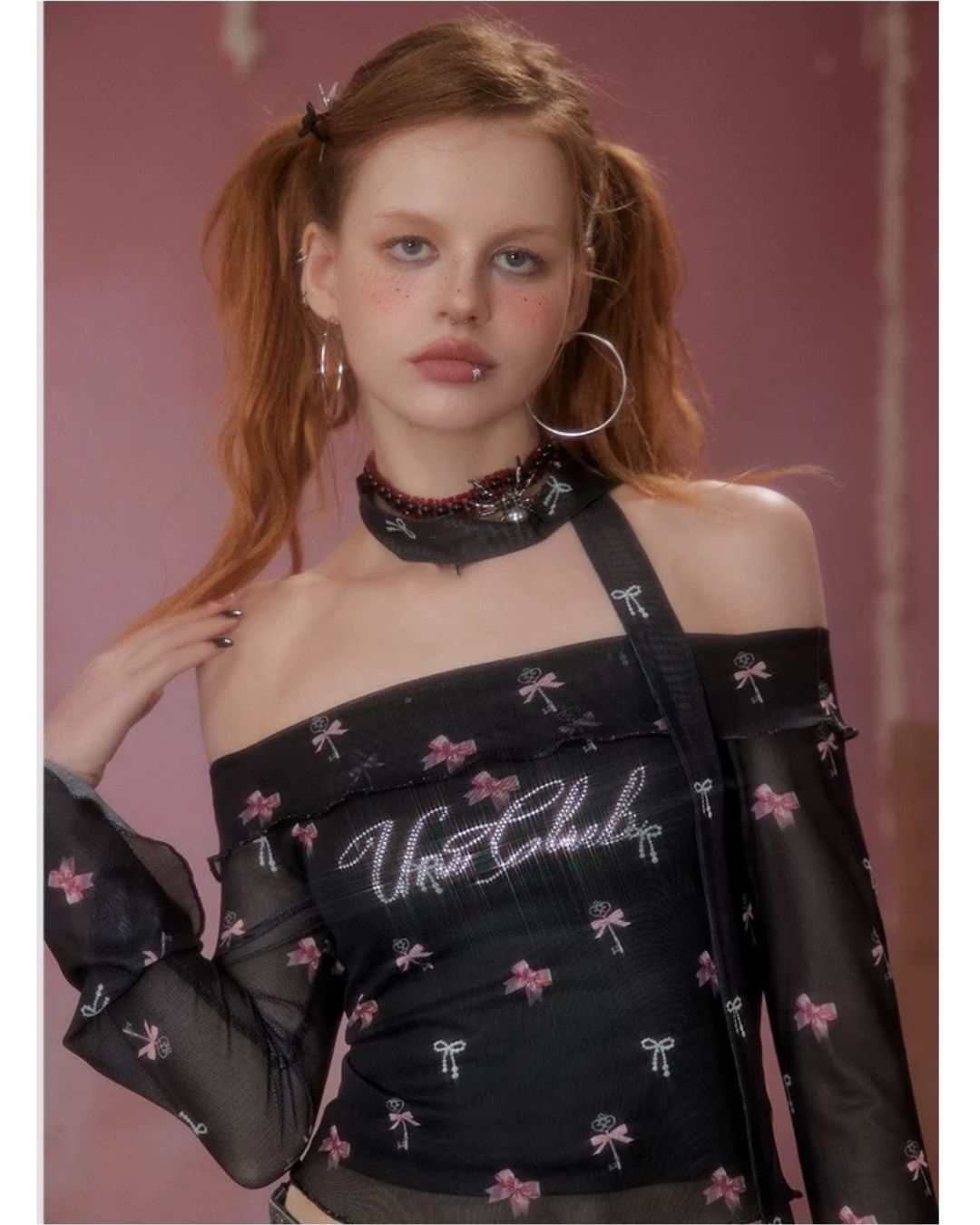 0 one shoulder mesh-T