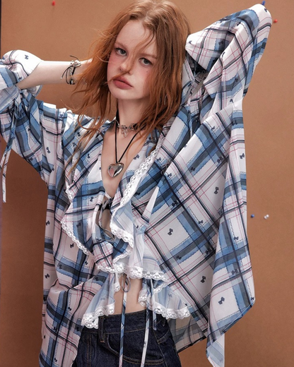 0 lace check blouse