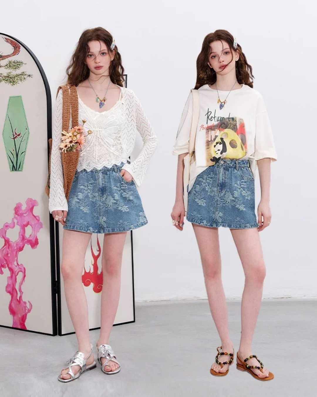 Flower denim skirt